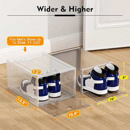 Upgrade Harder Solid Plastic Shoe Organizer, Shoe Storage with Magnetic Front Door, Shoe Rack 6 Pack Shoe Boxes Clear, Sneaker Storage, Shoe Organizer for Closet, Shoe Display Case, White