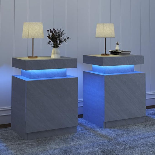 MXV Nightstand Set of 2 with LED Lights,Night Stand with Storage Cabinet for Bedroom,Bedside Table with LED (Grey, 17.7IN)