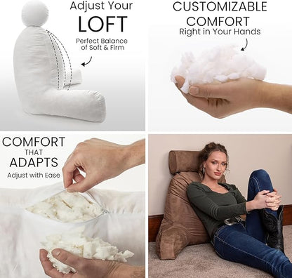 Husband Pillow XXL Aspen Edition, Adult Reading Sit Up Bed Rest Pillow for Bed with Arms & Neck Roll on Bungee Cord - Premium Memory Foam - Reversible 2 Sided Cover Micro Suede or Plush, Saddle Brown