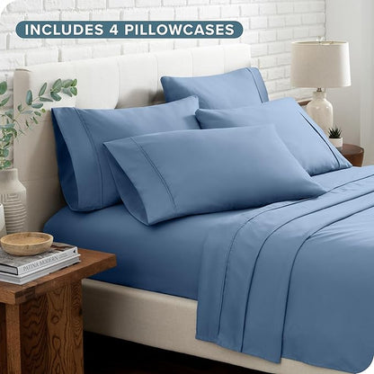 Bare Home Hotel Luxury Full XL Sheet Set, Extra Soft, 6 Piece Set, Deep Pockets, Easy Fit, Cooling & Breathable, Wrinkle, Fade, Stain Resistant, Includes 4 Pillowcases (Full XL, Coronet Blue)