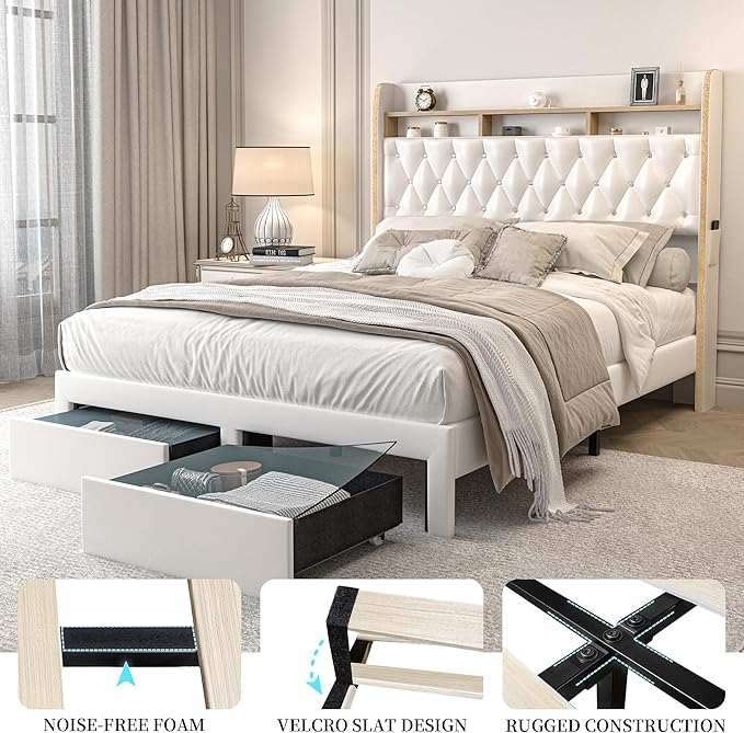 Full LED Bed Frame with 2 Storage Drawers, PU Upholstered Platform Beds with Galaxy Star Projector Charging Station Speaker, Aurora Bedframe with 2-Tier Storage Headboard, Noise-Free, White