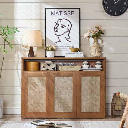 LEYAOYAO Rattan Sideboard Buffet Cabinet,45" Coffee Bar Cabinet with 3 Doors & Open Storage Shelf,Modern Credenza Console Table for Living Room Rattan Farmhouse entryway Brown