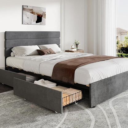 WLIVE Queen Size Upholstered Bed Frame with 4 Storage Drawers and Headboard, Velvet Platform Bedframe, Sturdy Metal & Wooden Slats Support, No Box Spring Needed, Easy Assembly, Dark Grey