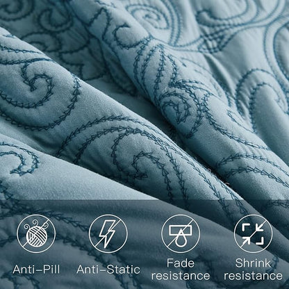 CHIXIN Bedspread Coverlet Set Queen Size - Lightweight Bedding Cover - Beautiful Stitching - 5 Piece Reversible Bedspread - Luxury Damask Paisley Pattern (Queen, Lagoon)