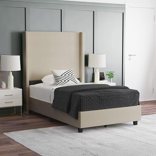 EMMA + OLIVER Nora Twin Size Faux Linen Upholstered Platform Bed with Plush Padded Wingback Headboard (No Box Spring Needed), Modern Upholstered Headboard Twin Bed Frame, Beige