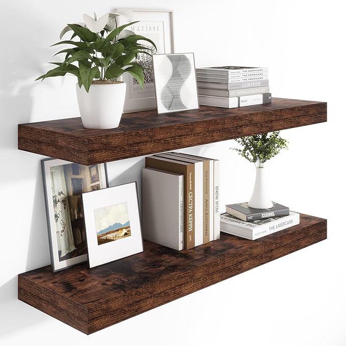 Heimlove 12 Inch Deep Floating Shelves, 48 x 12 inches Long Wall Shelf, Large Display Shelf & Storage Shelf, Rustic Wood Wall Shelves for Fireplace Mantel, Set of 2(Rustic Brown)