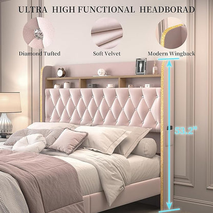 Queen LED Bed Frame with Storage Drawers, Velvet Upholstered Platform Beds with Galaxy Star Projector Charging Station Speaker, Aurora Bedframe with 2-Tier Storage Headboard, Noise-Free, Pink