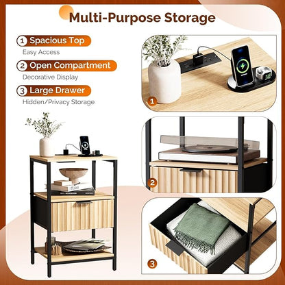 VINGLI Nightstands Set of 2 Fluted Nightstand with Charging Station, Oak Night Stand Set 2 Bed Side Tables, End Tales Bedroom with Charger Station and Fabric Drawer, 14.96" W*11.81" D*23.7" H