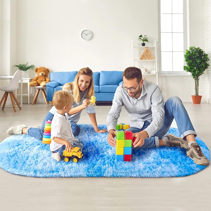 Noahas Oval Fluffy Blue Rainbow Rug 2.6X5.3 Small Kids Rugs for Bedroom Girls And Boys Aesthetic,Bedside Bedroom Rug,Ultra Soft Runner Carpet Modern Shaggy Nursery Area Rugs Home D飯r