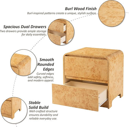 2 Drawer Farmhouse Nightstand with Rounded Edge, Modern Dresser Mid Century Side Table for Bedroom, Burl Finish, Natural