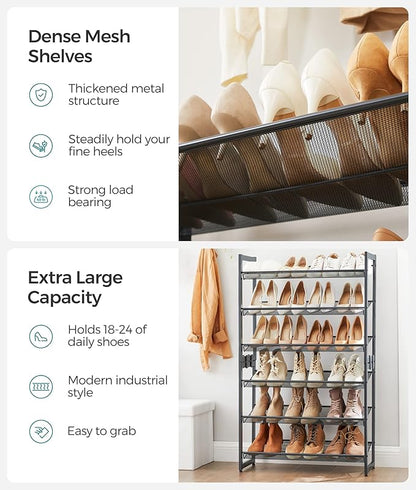 SONGMICS Shoe Rack, 6-Tier Shoe Organizer, Metal Rack for Garage, Set of 2, 3-Tier Stackable Shelf, with Adjustable Flat or Angled Shelves, 18-24 Pairs, Charcoal Gray ULMR003G02