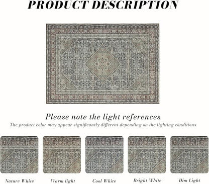 Area Rug 8×10, Large Vintage Boho Rug,Ultra-Soft Low Pile, Washable, Non Slip,Stain Resistant, Printed Carpet for Living Room Bedrooms Playroom Office Kitchen, Rust/Green