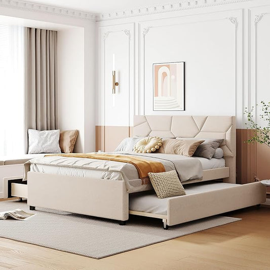 Full Size Bed Frame with Twin Size Trundle and 2 Storage Drawers,Linen Upholstered Platform Bed Frame Full with Brick Pattern Headboard,Solid Wood Slat Support,No Box Spring Needed,Beige