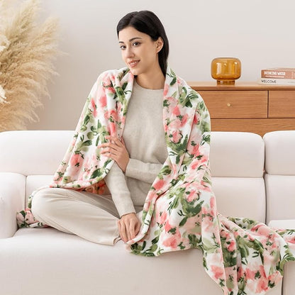 Luxury Printed Fleece Warm Throw Blanket, Soft Lightweight Velvety Plush Throw for Couch and Bed, Cozy Comfy for All Seasons(Ivory Pink Flowers, 50×70 Inches)
