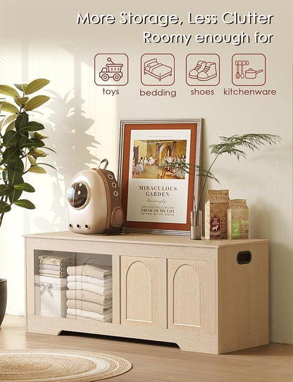 DINZI LVJ Storage Chest, 47.2" Rattan-Like Toy Box with 2 Safety Hinges, Wooden Entryway Storage Bench with Flip-Top, Large Trunk for Living Room, Bedroom, Easy Assembly, Natural