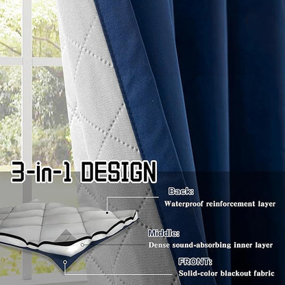 Extra Long Blackout Soundproof Curtains Triple Layer Full Blackout Drapes Noise Canceling Heat Insulating Winter Curtains for Bedroom Living Room (1 Panel, Navy Blue, 50" x 120")
