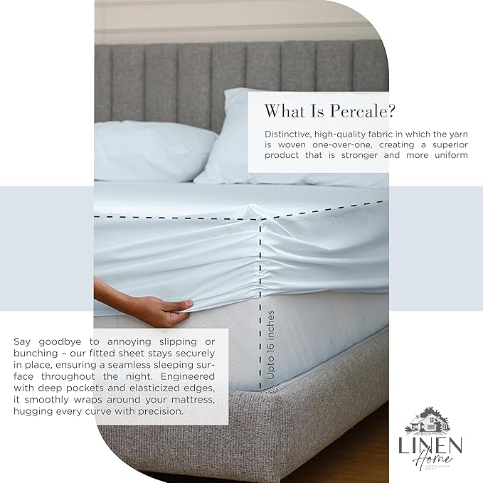 Linen Home 100% Cotton Percale Sheets King Size, Blue Duck Egg, Deep Pocket, 4 Pieces Set - 1 Flat, 1 Deep Pocket Fitted Sheet and 2 Pillowcases, Crisp Cool and Strong Bed Linen