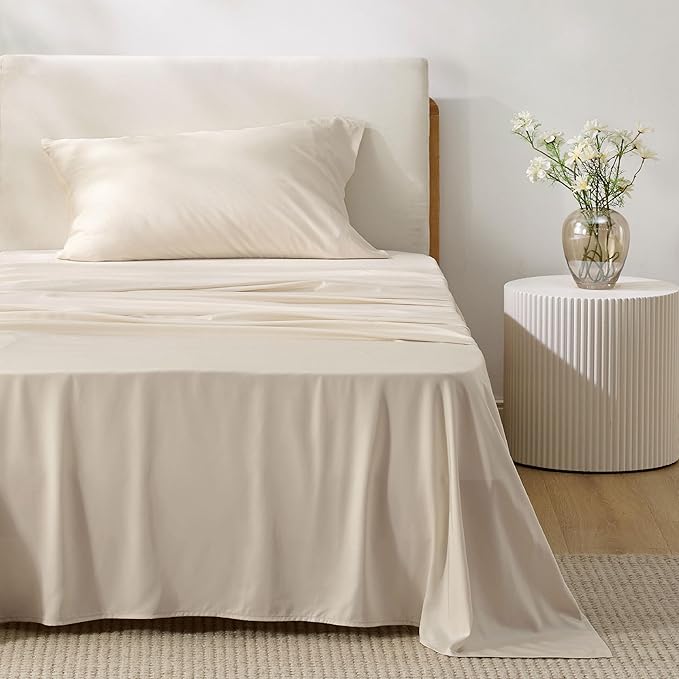 Bedsure Cooling Sheets Twin XL, Rayon Derived from Bamboo, Breathable & Soft Twin XL Sheet Sets, Deep Pocket Up to 16 Inches, Hotel Luxury Silky Dorm Bedding for Hot Sleepers, Light Beige