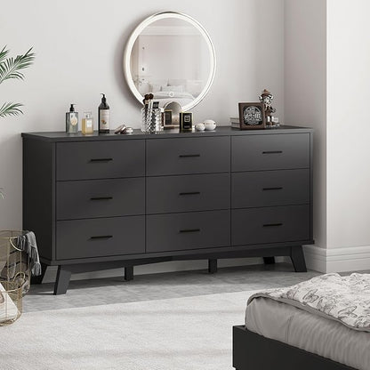 Dresser for Bedroom, Wide Wood 9 Drawer Modern Chest of Drawers with X-Shaped Sturdy Base, Double Dresser Closet Clothes Storage Organizer, Wooden TV Stand for Living Room, Hallway, Black