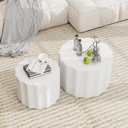 Nesting Coffee Table Set of 2, Round Coffee Tables, Space-Saving Modern Circle Coffee Tables, Side End Table for Living Room, Bedroom, Balcony, Office, White