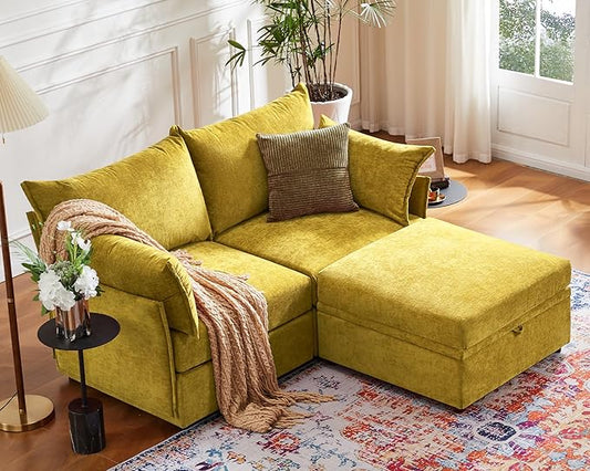 ABCASA Luxury Modular Sectional Sofa, L-Shaped 3-Seat Couch with Storage Ottoman Deep Seat & Reversible Chaise Lounge Chenille Yellow for Compact Spaces, Apartments, Dorm