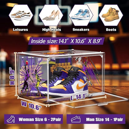 10 Pack Acrylic Shoe Box Size 14, Transparent Basketball Sneaker Case Shoe Orgainizer Storage Bins Clear Plastic Stackable Handbag Purse Hats Organizer Containers with Lids