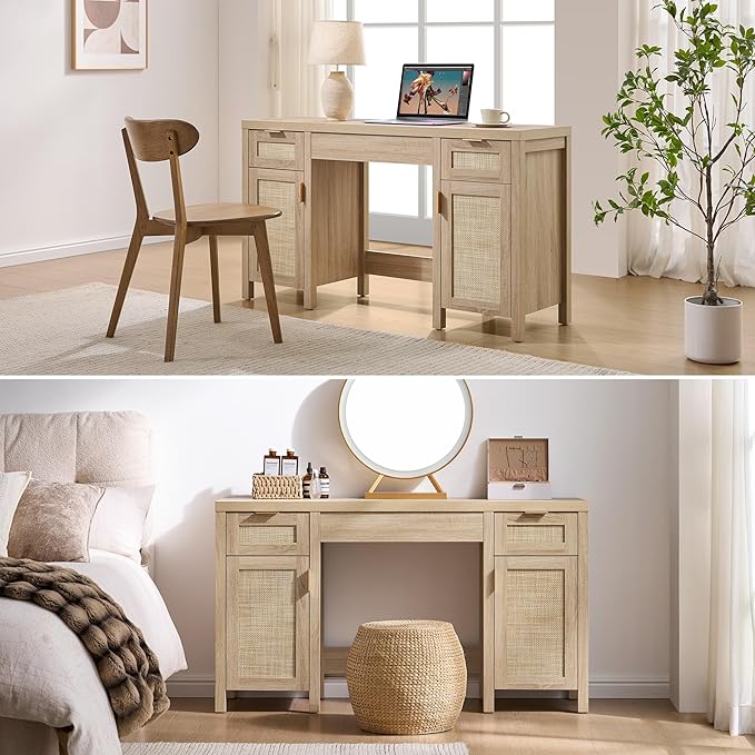 SICOTAS Rattan Vanity Home Office Desk - 52" Large Farmhouse Boho Makeup Vanity Dressing Table with 3 Drawers & 2 Storage Cabinets, Vanities Desk for Makeup Room, Bedroom, Home Office, Light Oak