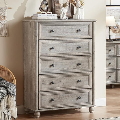Farmhouse 5 Drawers Dresser for Bedroom, Wood 45" Tall Chest of Drawers, Dresser Rustic Storage Dressers Organizer with Metal Handle Closet for Living Room, Hallway Entryway