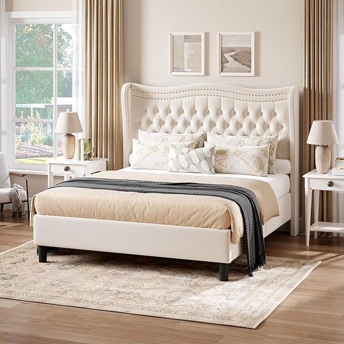 Upholstered King Size Bed Frame with Tall Headboard, Velvet Wingback Platform Bed Frame with Deep Button Tufted, No Box Spring Needed, Noise Free, Beige