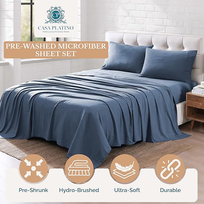 Casa Platino Bedding Sheets & Pillowcases, 3 Piece Set, Pre-Washed Fade Resisitant Cozy Twin Bed Set, 100% Hydro-Brushed Microfiber, Twin Sheet fits up to 15 inch Mattress- Estate Blue