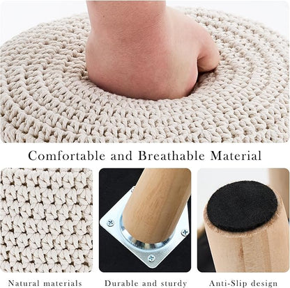 LGENHOOM Boho Ottoman Foot Stool Cotton Knitted Round Pouf Ottoman Foot Rest Stool with Non-Skid Wooden Legs Step Stool Padded Seat for Living Room White