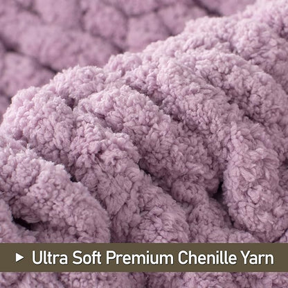 Chunky Knit Throw Blanket 50"X 60", 100% Handmade with Soft Chenille Yarn, 4.4lbs Thick Cable Knitted Blankets, Large Rope Knot Crochet Throws for Couch Sofa Bed Home Decor, Purple
