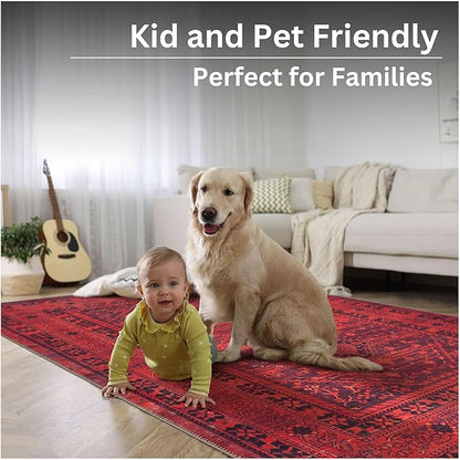 Bloom Rugs Washable Non-Slip 6' x 9' Rug - Red Traditional Bordered Area Rug for Living Room, Bedroom, Dining Room, and Kitchen - Exact Size: 6' x 9'
