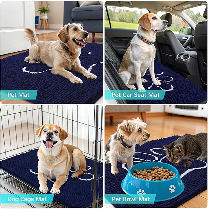 OLANLY Dog Door Mat for Muddy Paws 47x32, Paw Print Design, Absorbs Moisture and Dirt, Absorbent Non-Slip Washable Doormat, Quick Dry Chenille Mud Mat for Dogs, Entry Indoor Entryway Carpet, Navy Blue