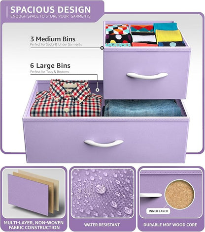 Sorbus Kids Dresser with 9 Drawers - Furniture Storage Chest Tower Unit for Bedroom, Hallway, Closet, Office Organization - Steel Frame, Wood Top, Fabric Bins (Purple, Solid)