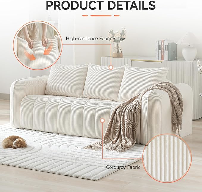 83'' Boneless Corduroy Sofa, Oversized 3 Seater Deep Seat Couch with Rounded Armrest, Modern Upholstered Cloud Sofa for Living Room, No Assembly, White