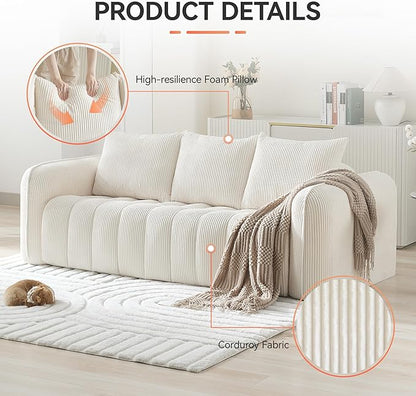 83'' Boneless Corduroy Sofa, Oversized 3 Seater Deep Seat Couch with Rounded Armrest, Modern Upholstered Cloud Sofa for Living Room, No Assembly, White