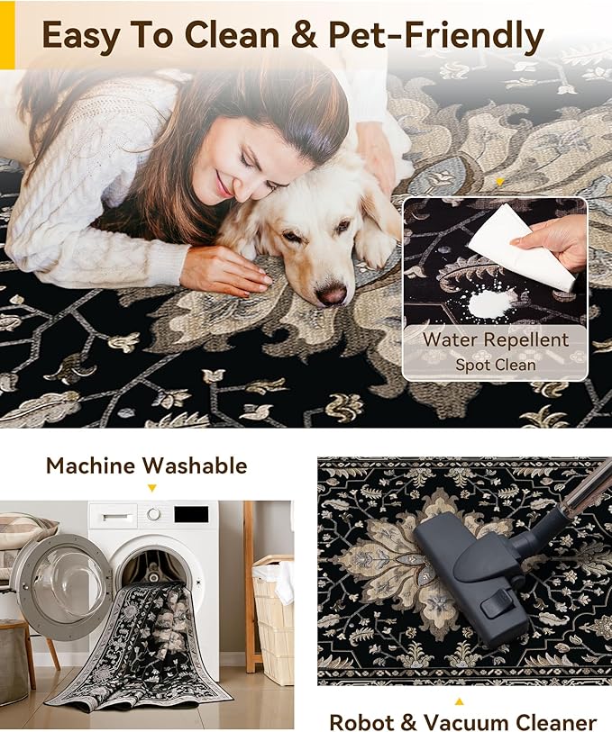 Area Rugs 3'x4' Washable Non-Slip, Floral Vintage Distress Print Pattern Medallion Carpet for Living Room Bedroom Dining Room, Black Brown Neutral Dark Tan