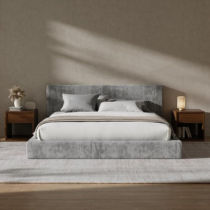 RECCI Cloud Upholstered King Bed Frame with Headboard, 5 Inch Foam Padded Platform, No Box Spring, Easy Assembly (Moon Grey)