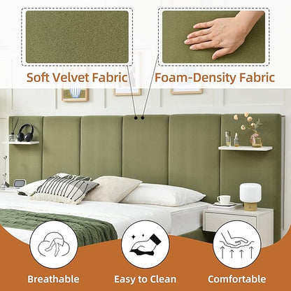 King Bed Frame with Storage & Built-in Nightstands, Velvet Upholstered Platform Bed Frame with Drawers & 2 Floating Storage Shelves, Noise-Free, No Box Spring Needed, Easy Assembly, Green