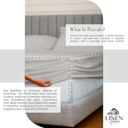 Linen Home 100% Cotton Percale Sheets King Size, Silver, Deep Pocket, 4 Pieces Set - 1 Flat, 1 Deep Pocket Fitted Sheet and 2 Pillowcases, Crisp Cool and Strong Bed Linen