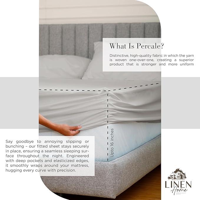 Linen Home 100% Cotton Percale Sheets California King Size, Silver, Deep Pocket, 4 Pieces Set - 1 Flat, 1 Deep Pocket Fitted Sheet and 2 Pillowcases, Crisp Cool and Strong Bed Linen