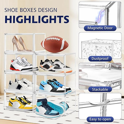 12 Pack Clear Shoe Boxes for Sneakers, Size 12 Acrylic Shoe Storage Under Bed Stackable Handbag Organizer with Magnetic Lid Collection Acrylic Display Case
