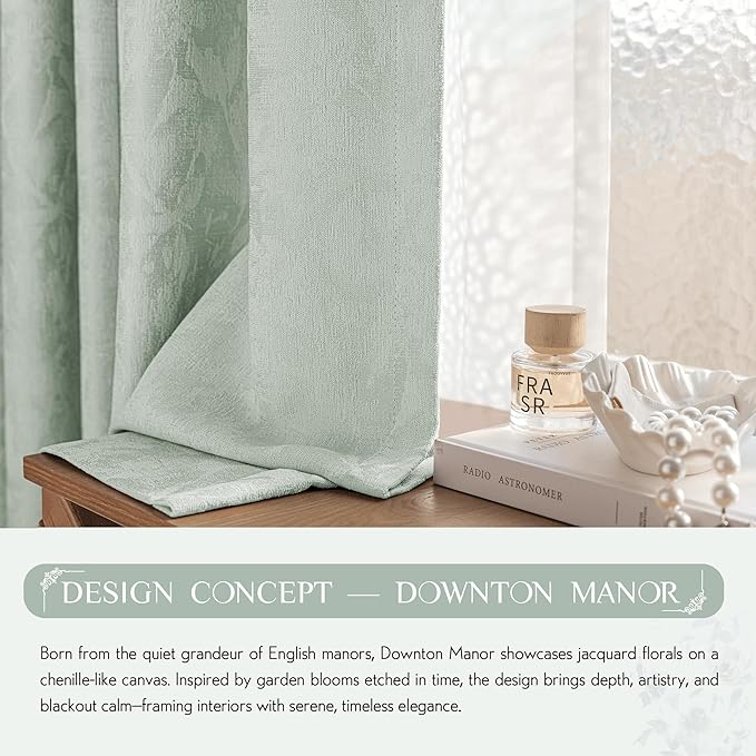 Beauoop Green Floral Jacquard Blackout Curtains 90 Inches Long 2 Panels for Bedroom Living Room Sage Flower Chenille Room Darkening Thermal Insulated Soundproof Grommet Window Treatments Drapes, 52x90