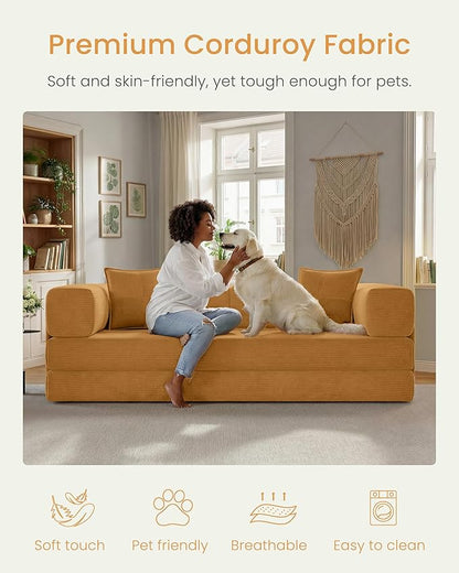 78.8" Convertible Futon Sofa Bed,Corduroy Futon Couch with Storage Pocket,Folding Pull Out Sofa,No Assembly Boneless Couch for Living Room,Yellow