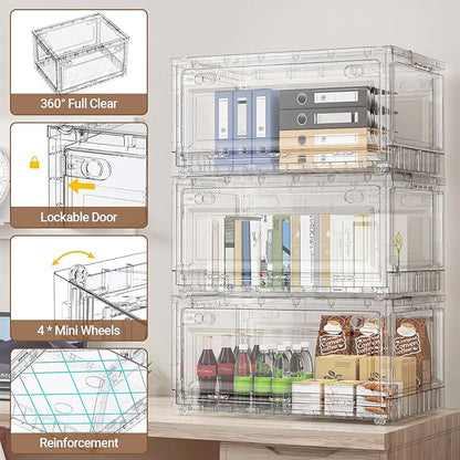 BROVIEW 400Qt Stackable Storage Bins with Lids Wheels, XL Clear Plastic Drawers Foldable Closet Organizers and Storage Cabinet Display Box Shelves with Front & Back Doors, for Home Office Garage,5Pack