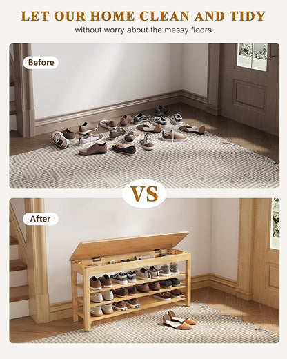 Shoe Rack Bench Seat Rubberwood 3-Tier Wooden Storage Bench 550lbs Compact Mid-Century Modern Design for Entryway, Hallway, Closet, Front Door Entrance, Foyer