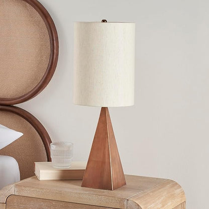 Nourison Home 21" Copper Finish Wood Triangle Table Lamp for Bedroom, Living Room, Dining, Office, Entryway