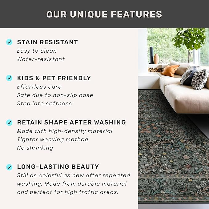 Dark Green Washable 3x6 Large Entryway Runner Rug Indoor, Non-Slip Floor Rugs for Kitchen, Bedroom, Bathroom Beside Bed, Stain & Fade Resistant, Vintage Floral Design