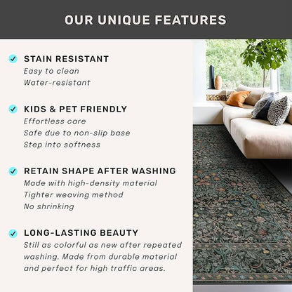 Washable Dark Green Rug for Living Room - 9x12 Large Area Rug for Dining Room Under Table, Bedroom, Soft Low Pile Non-Slip Stain Resistant Carpet - Vintage Floral Design (9x12 Dark Green)